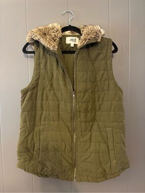 Jack by BB Dakota Olive Quilted Vest with Faux Fur Hood